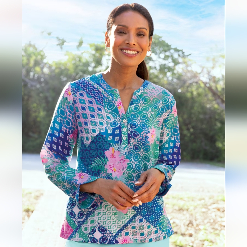 Appleseed's Petite Large Tropical Patch-Print Popover